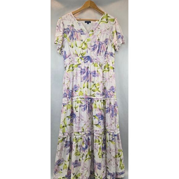 Biltmore Linen Floral V-Neck Midi Dress Romantic Lavender Cream Lined Large - Picture 4 of 10